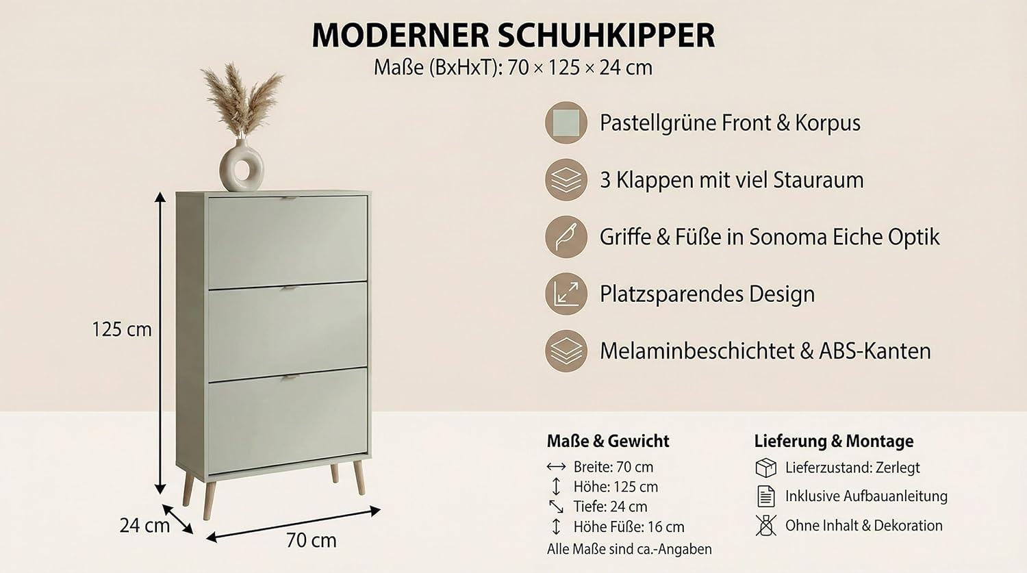 Schuhschrank mit 3 Klappen, Schuhregal Schuhkipper Schmal, Schuhschrank Pastel Grün, Schuhablage Verstellbar, mit 6 Fächern, Schuhablage Verstellbar, 70 x 125 x 24 cm, für Eingangsbereich, Flur