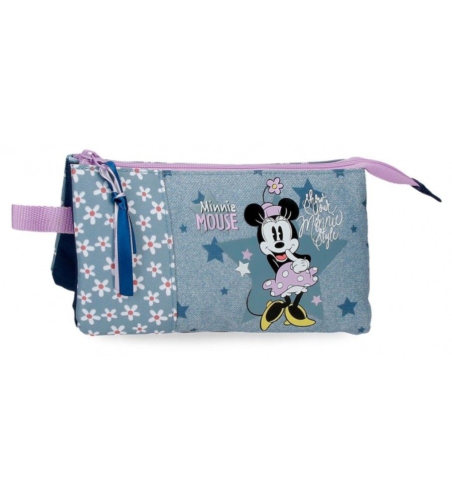 Estojo para lápis Disney Minnie com três compartimentos - Azul - 22x12x5cm -