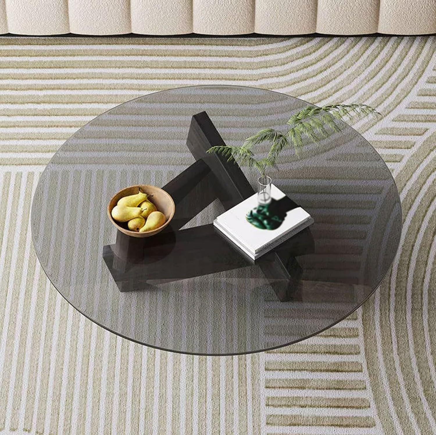 Couchtisch Runder Couchtisch aus Glas Wohnzimmer-Beistelltische mit abstraktem Massivholzgestell Moderner runder Cocktailtisch mit gehärteter Glasplatte(Schwarz,80 * 80 * 41cm/31.50x31.50x16.14)