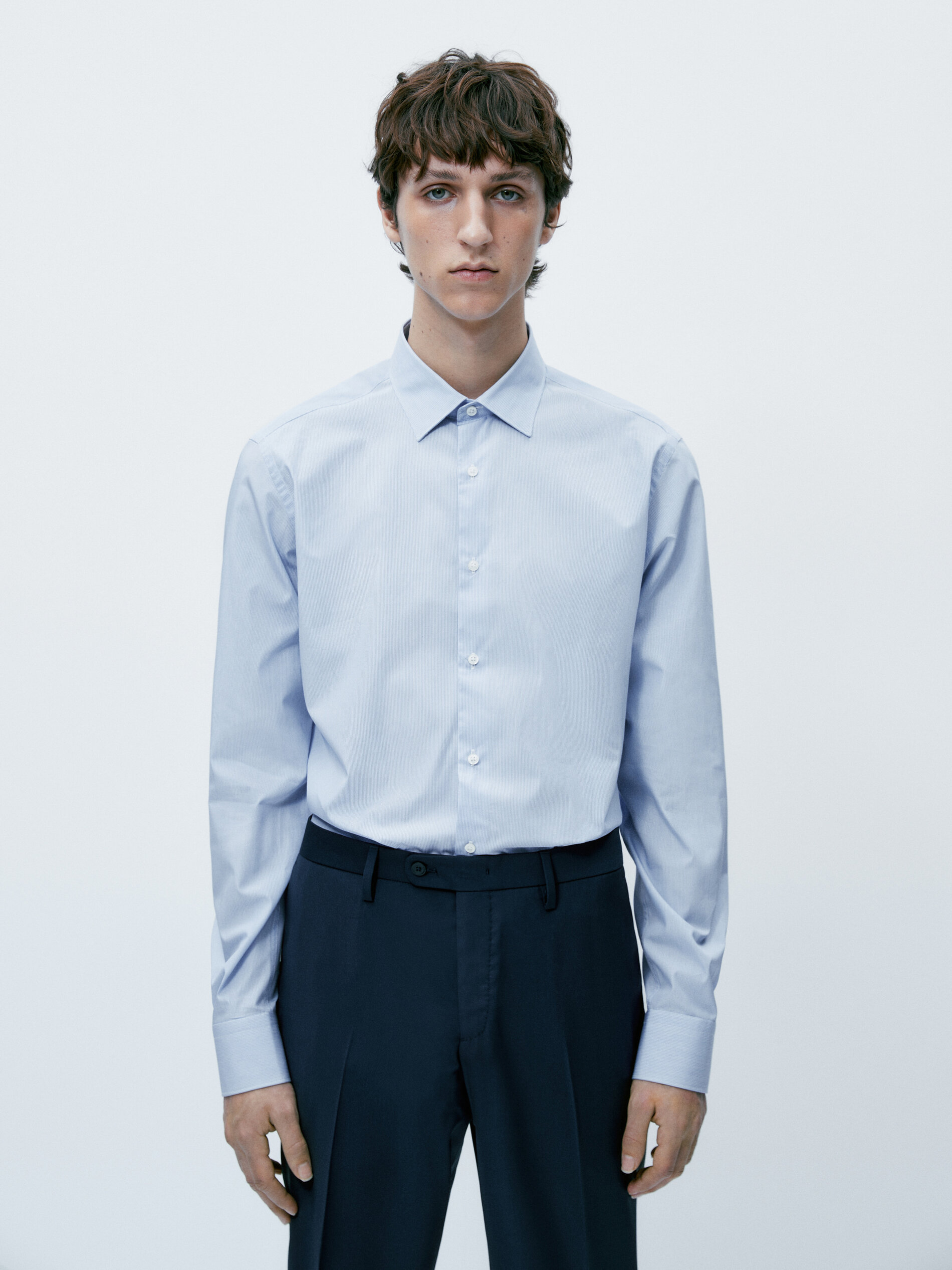 Camisa Rayas de algodão com corte slim - AZUL CLARO