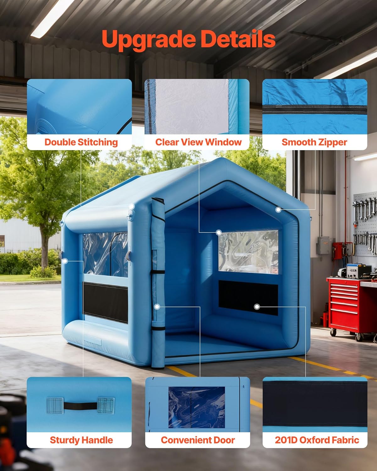 VEVOR aufblasbare Lackierkabine Spritzkabine 3 x 2,5 x 2,5 m, Lackierkabinenzelt mit 550 W Gebläse & Luftfiltersystem & klarem Fenster, Dreieckdach, 210D Oxford-Gewebe, Spritzlackierung Blau