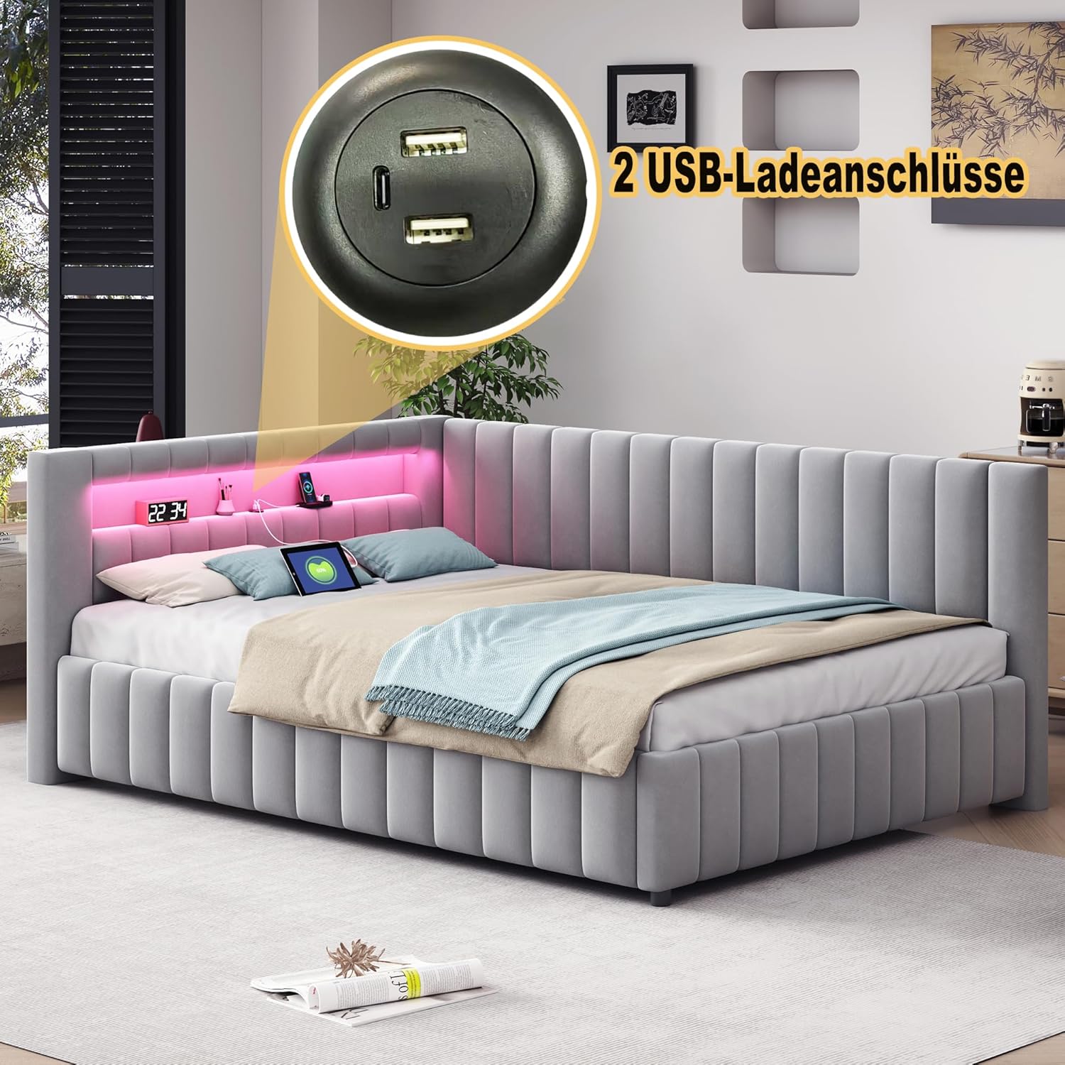 ANIROY L-förmige Schlafsofa 140x200cm, Samtstoff Polsterbett Daybett Sofabett mit LED und USB, Doppelbett Bettgestell mit Lattenrost und Rückenlehne (Hellgrau A)