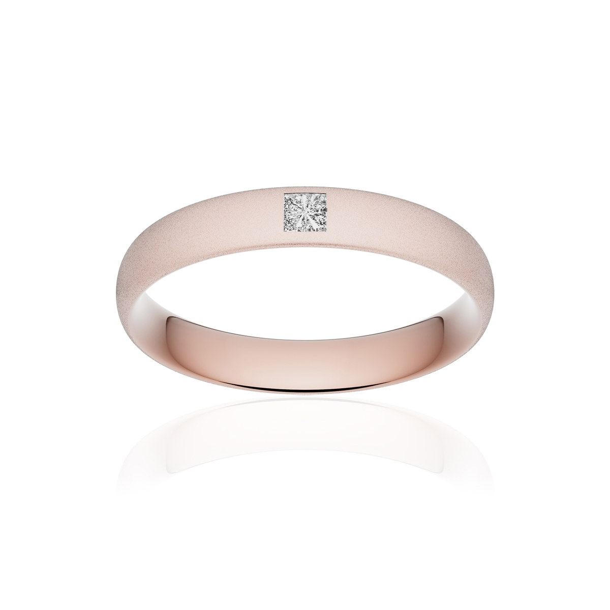 Alliance or 375 rose sablé demi-jonc confort 4mm diamant princesse