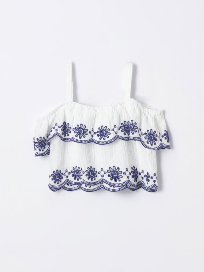 Top jeans leve com bordado suíço - Branco/Azul Marinho