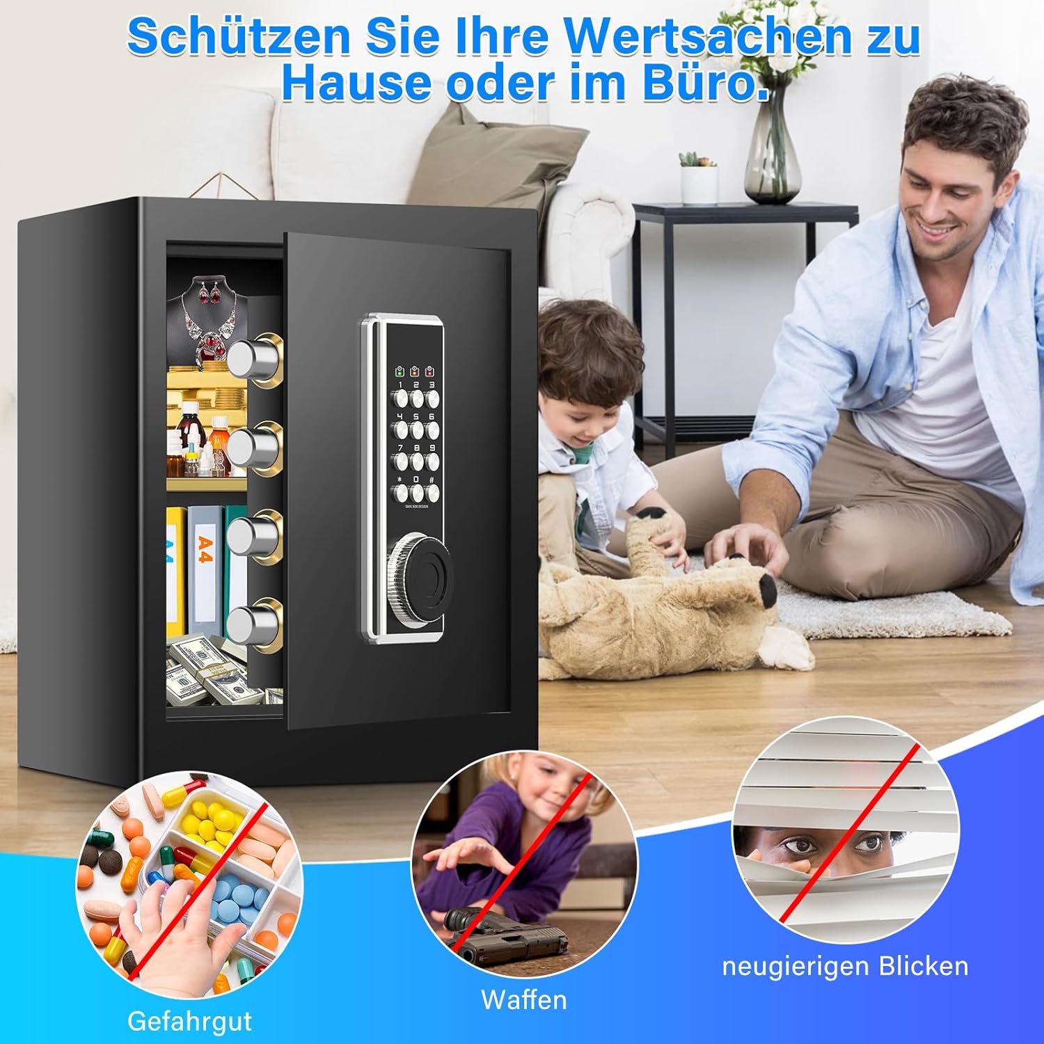 45L Großer Feuerfester Tresor Safe mit Feuersichere Dokumententasche, Digitaler Möbeltresore mit 2 Schlüssel & Herausnehmbarem Regal, Elektronischer Tresor für DIN A4 Ordner Bargeld Medikamente