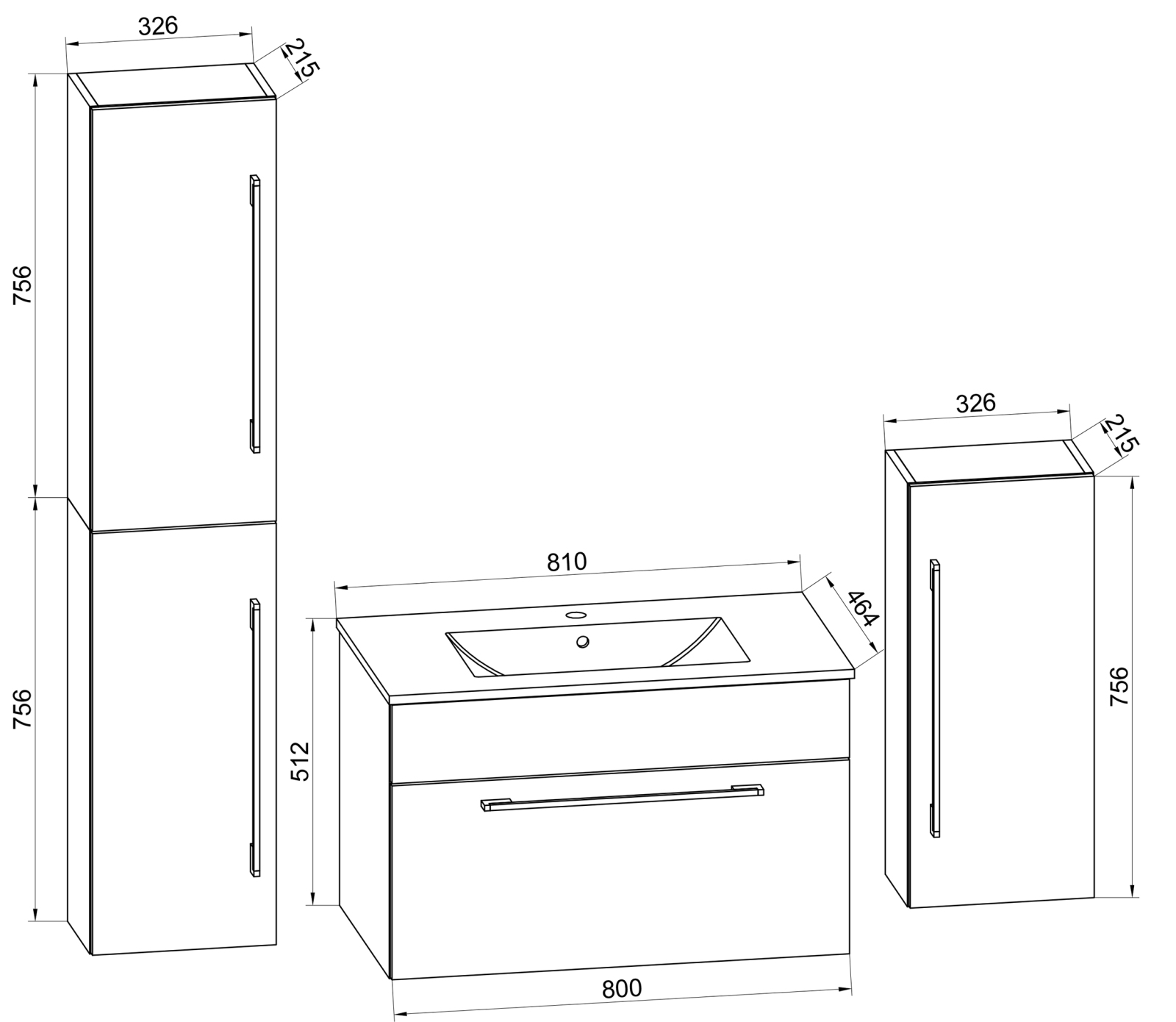5-teiliges Badmöbel-Set BADINOS - schwarz - mit Spiegelschrank - 80 cm