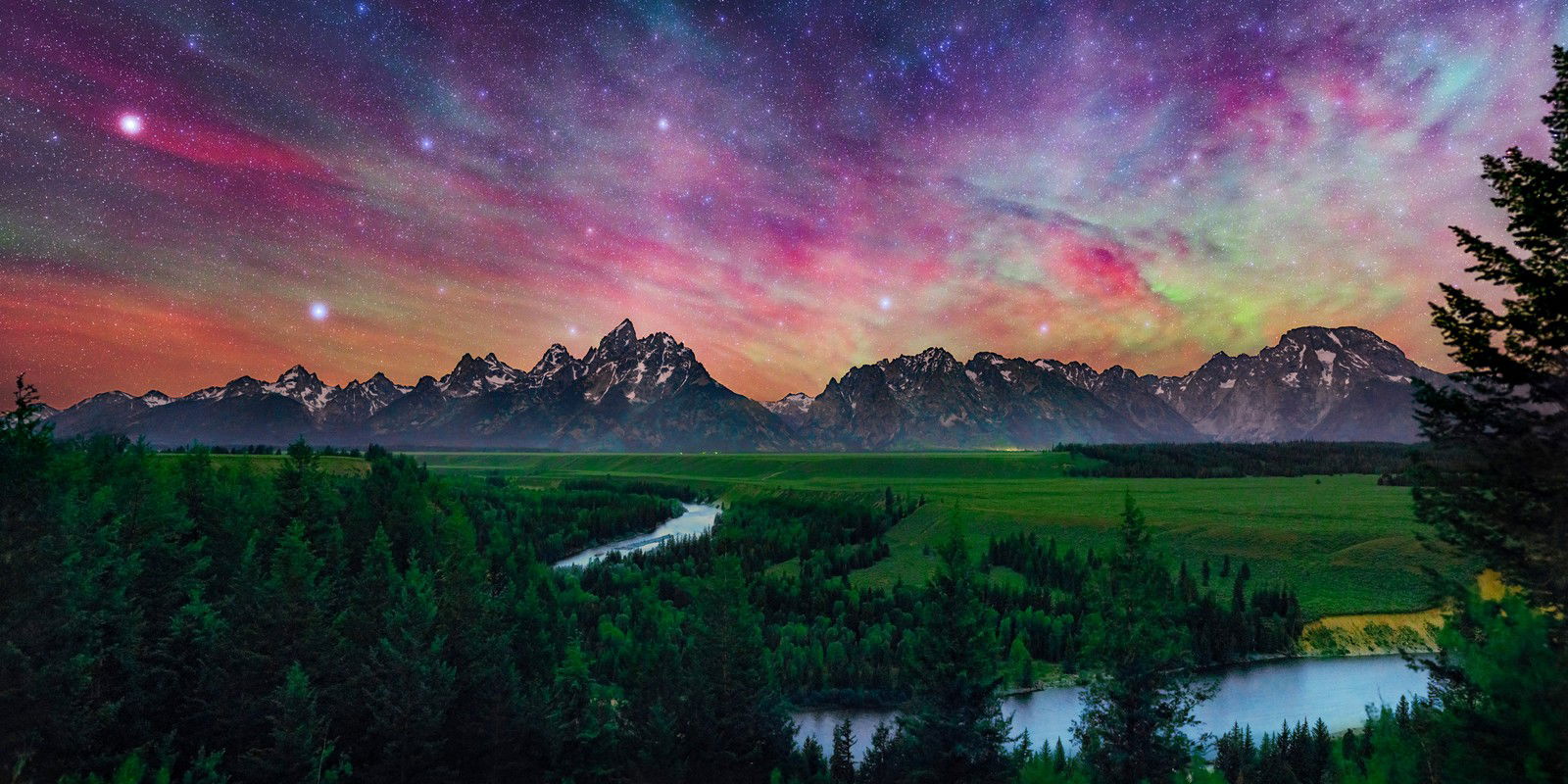 Colorful Night Sky Above Tetons and Snake River by Babak Tafreshi - Limited Edition. Edition of: 100. Signed.