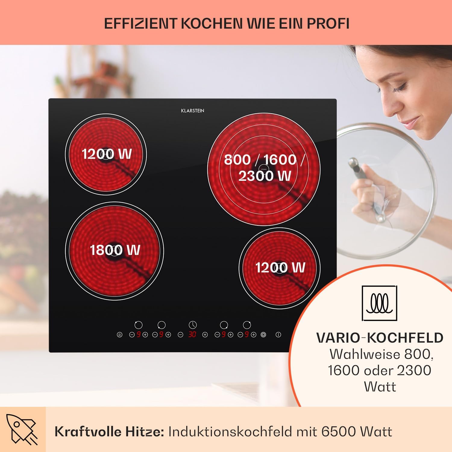 Klarstein Glaskeramik Kochfeld, Einbau-Kochfeld mit 4 Platten, 6500 W Elektro Kochfeld zum Kochen, Modernes Glaskeramikkochfeld, Glaskeramik Herdplatte mit 4 Kochfelder, Einbau Kochfeld Keramik