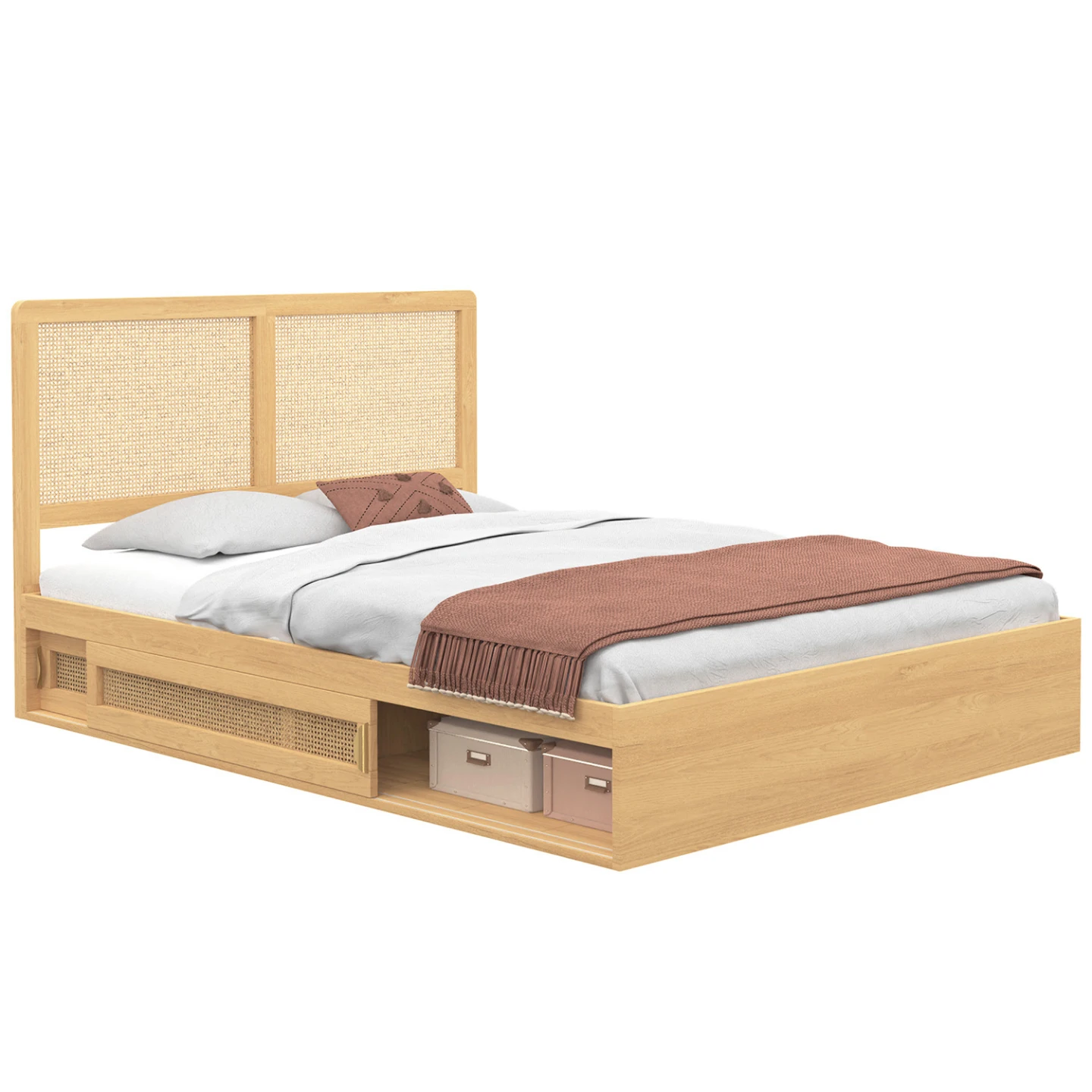 Lit double EDHEN avec rangements + tête de lit cannage et sommier 140 x 190 cm coloris bois