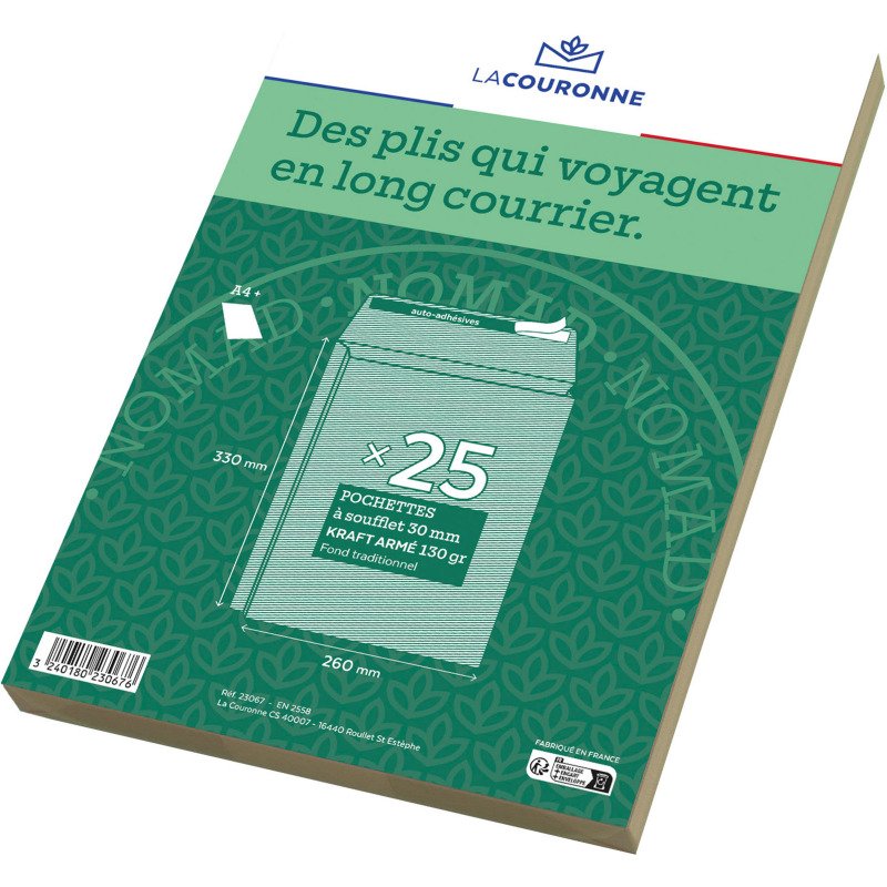 La Couronne - Pochette à soufflets 3 cm kraft brun armé 260 x 330 mm 130 g sans fenêtre - Paquet de 25