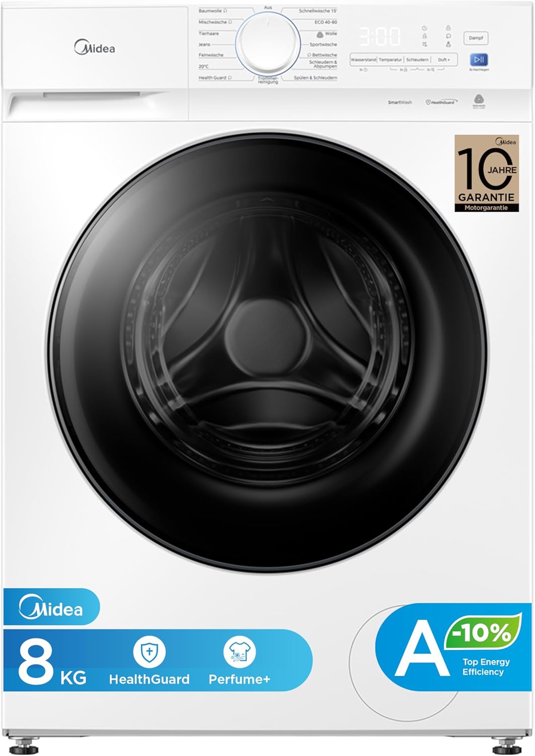 Midea Waschmaschine V3 series, 8 kg | Energieeffizienzklasse A-10% | 1400 U/min | Dampffunktion | Tierhaare| 15-Min Schnellwäsche | Woolmark-Zertifiziert | MFV3EW80BA10 | Weiß