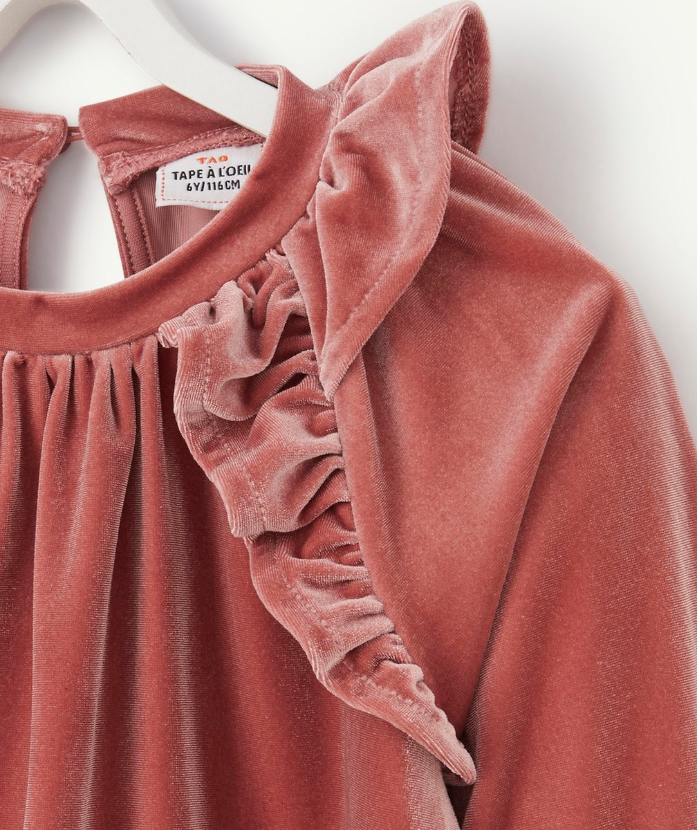 BLOUSE EN VELOURS VIEUX ROSE AVEC FRONCES FILLE