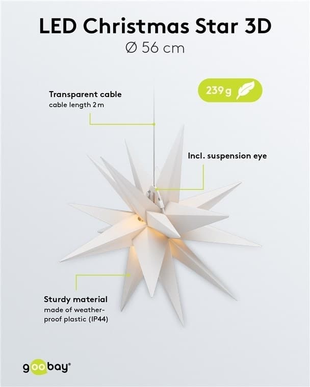 Goobay LED julestjerne 3D, Ø 56 cm, batteridrevet med timer og 18 spidser, varm hvid (3000 K), fremstillet af vejrbestandigt plast (IP44), 2 m kabel