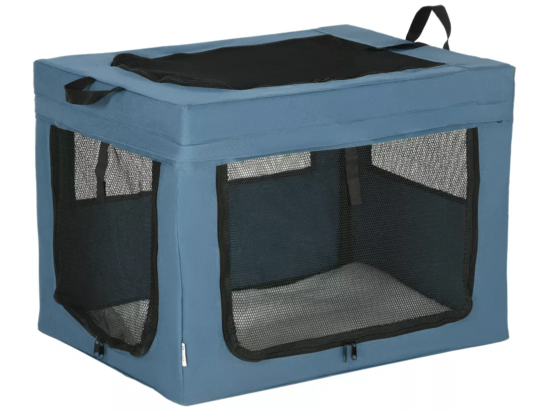 Sac de transport pliable pour chien chat - 2 poignées, 3 portes - dim. 69L x 51l x 51H cm - acier polyester bleu