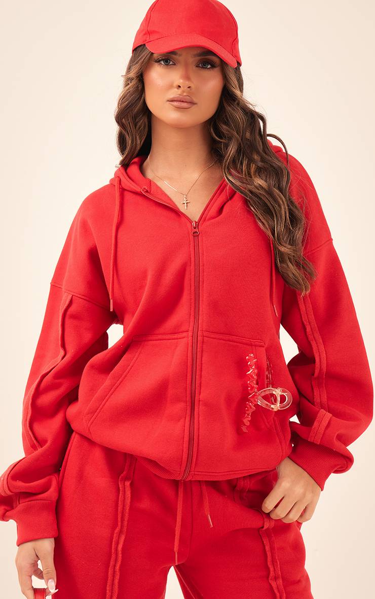 Rouge Sweat À Casynthétiqueche Oversize Zippé Avec Détails De Coutures