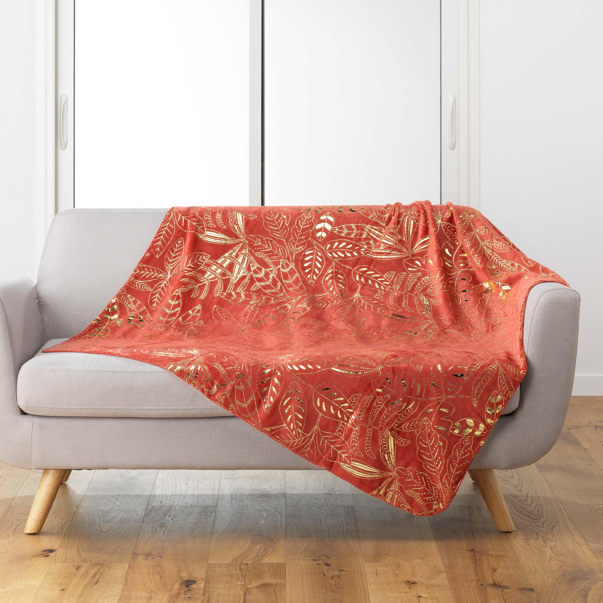 PLAID 125X150CM FLANELLE METALLISEE BELFLOR TERRACOTTA OR