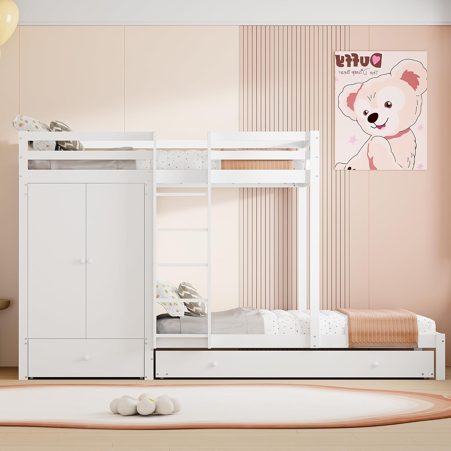 Etagenbett aus Massivholz mit Ausziehbett, multifunktionales Kinderbett mit Kleiderschrank, Schubladen und Ablagefach, Grau/Weiß, 90×200cm (Weiß)