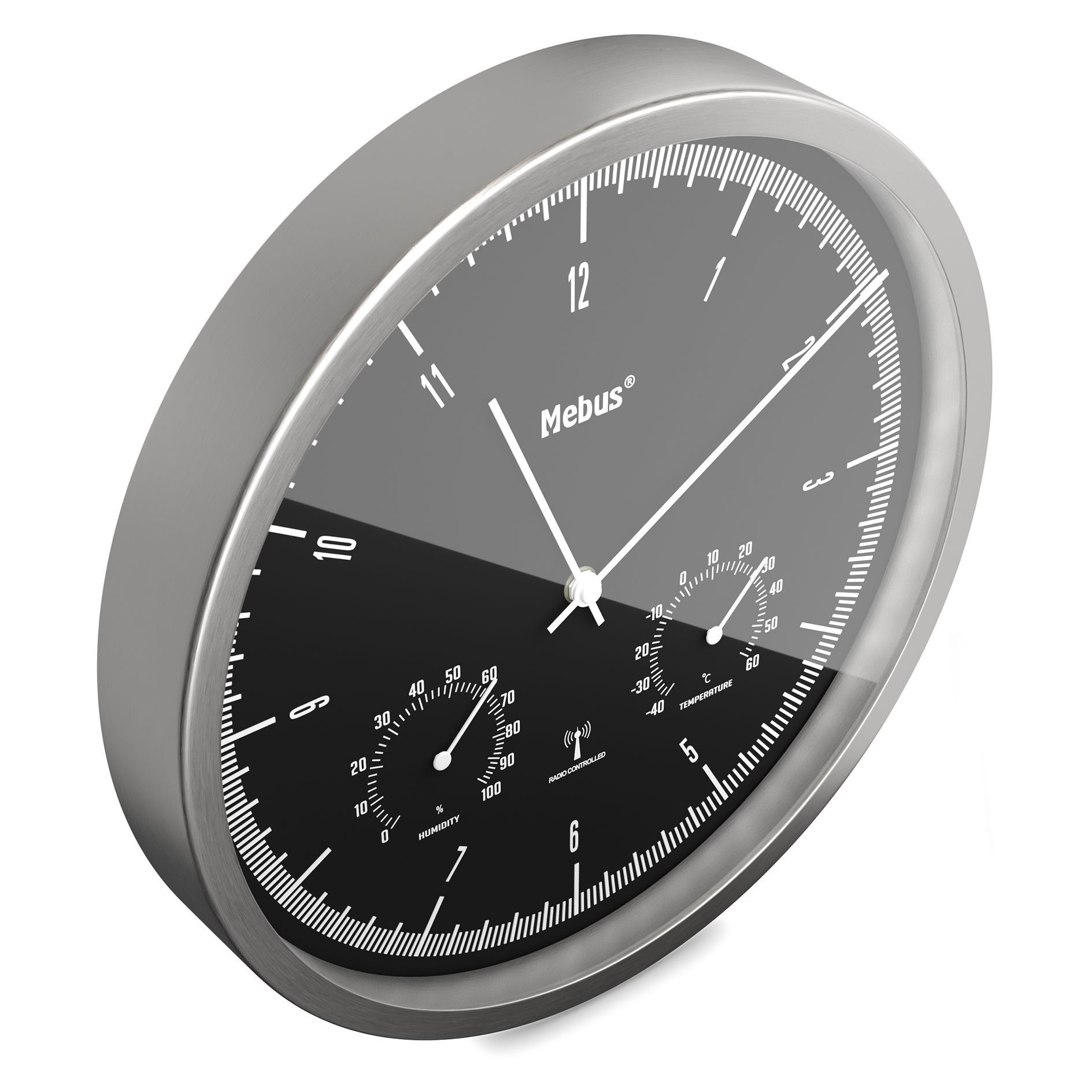 MEBUS Funk-Wanduhr - silber-schwarz - Thermo-/Hygrometer - Ø 25 cm