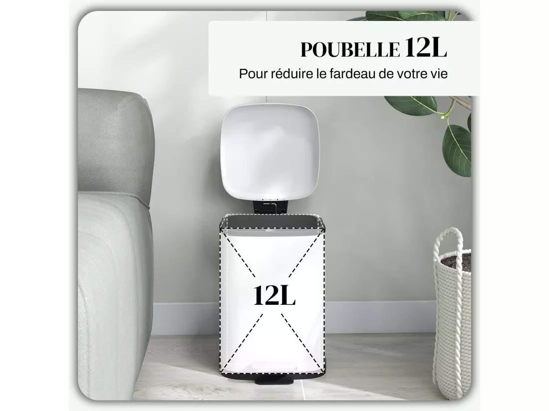 Poubelle de cuisine 12L - poubelle à pédale compartiment seau amovible - acier inox. blanc