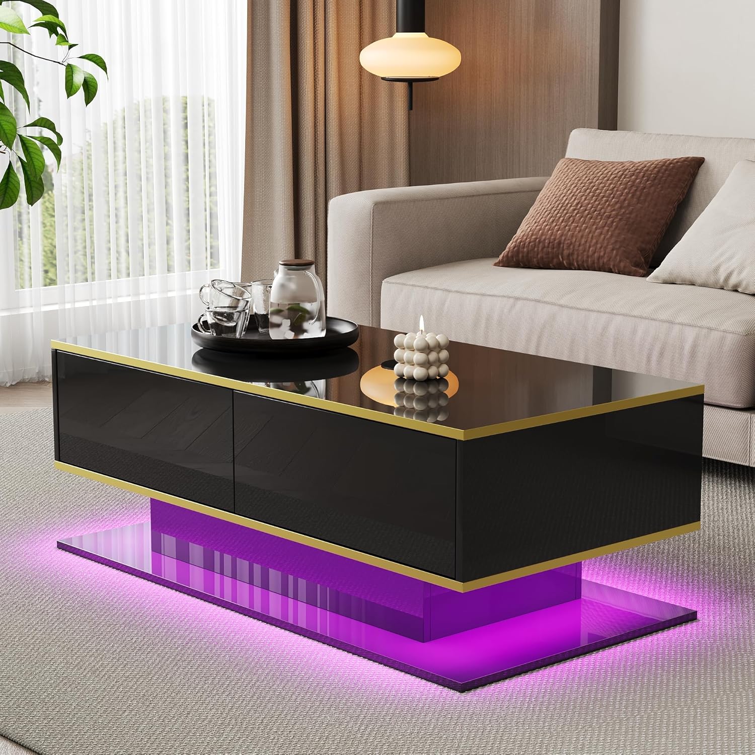 Merax LED Couchtisch Hochglanz mit Goldverzierung, Moderner Wohnzimmertisch 100x50x40 cm, Sofatisch mit 3 Schubladen & USB-LED-Licht, Kaffeetisch Beistelltisch Schwarz