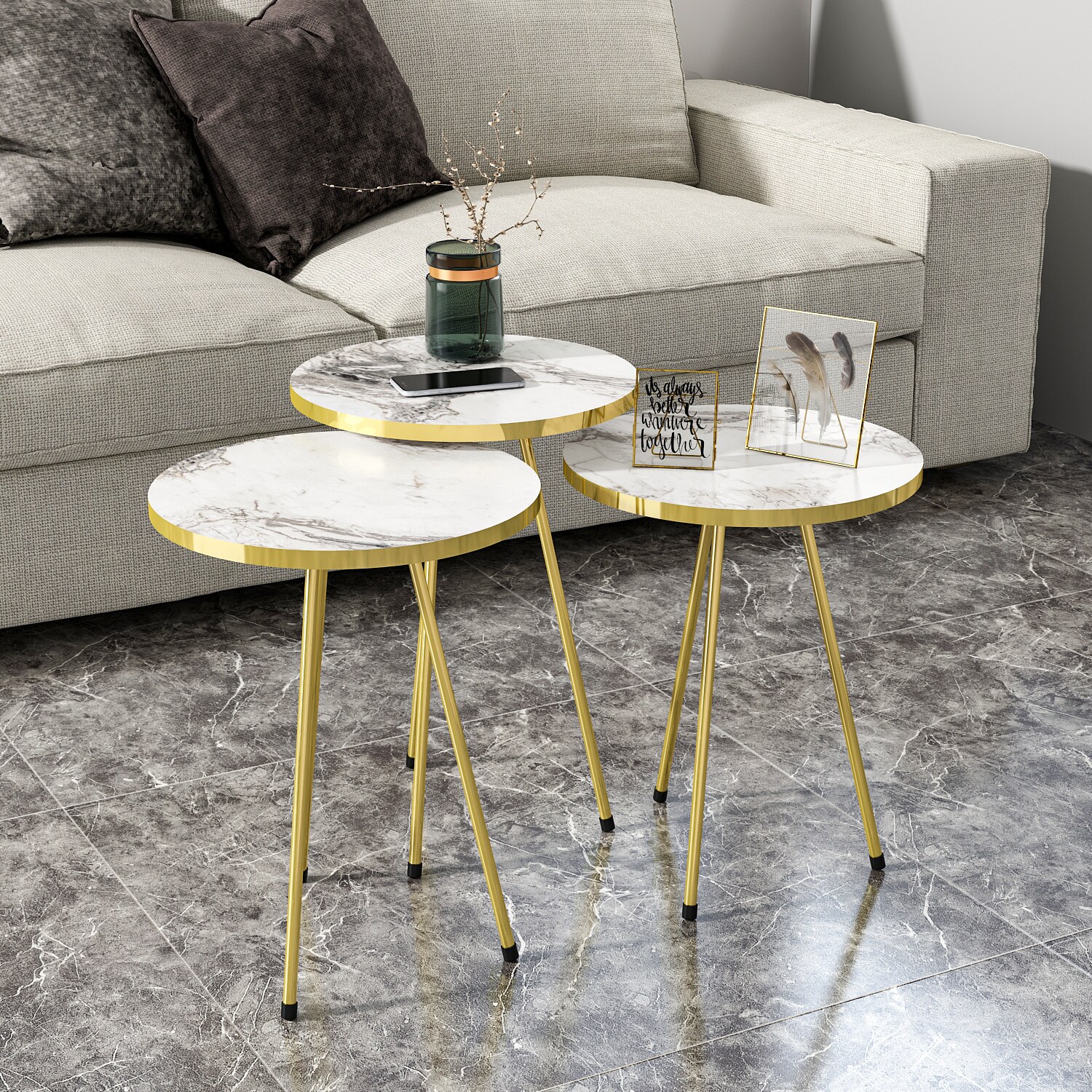 Beistelltisch 3er Set Marmoroptik Weiß 21766238