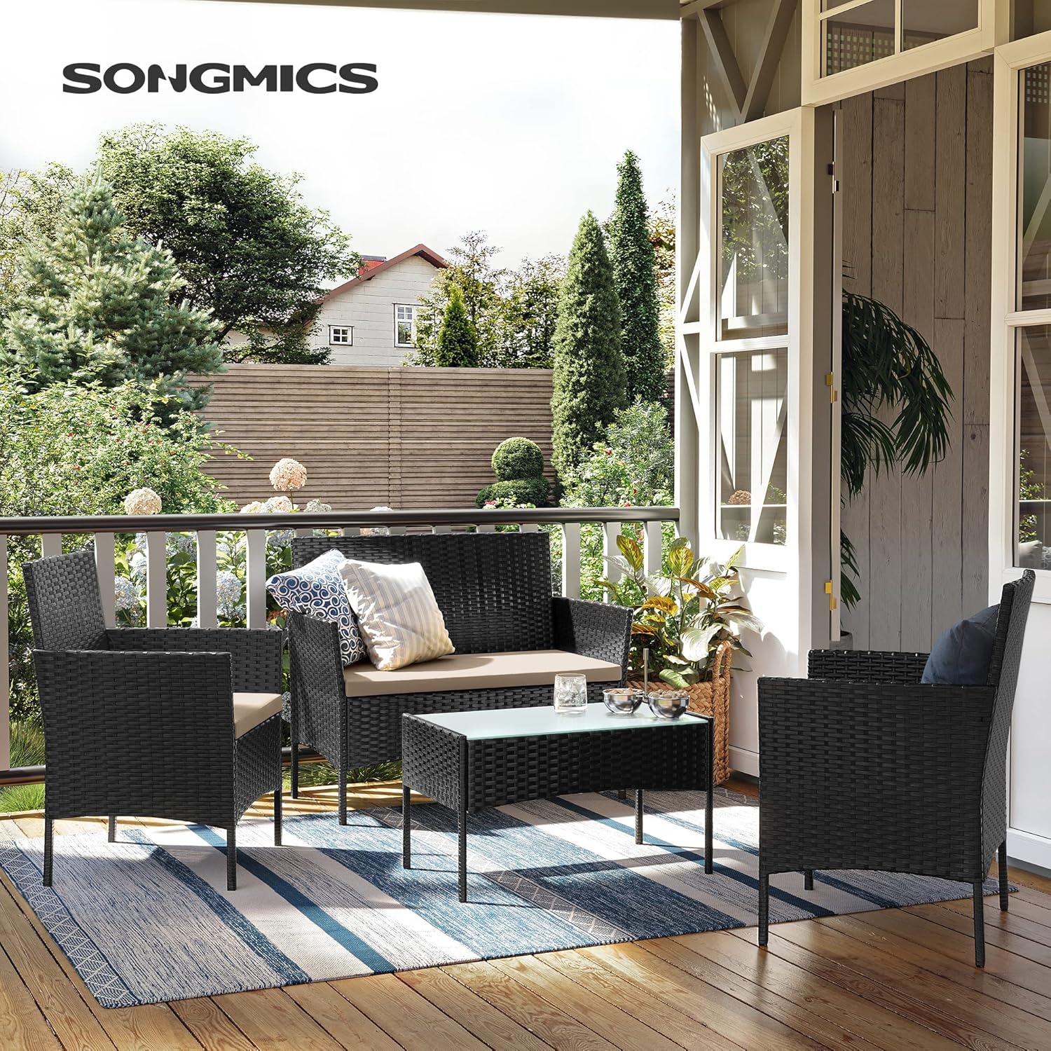 SONGMICS Balkonmöbel, Gartenmöbel-Set, aus PE-Polyrattan, Lounge-Set, Terrassenmöbel, Outdoor, für Terrasse, Balkon, Garten, schwarz-Taupe GGF004B05