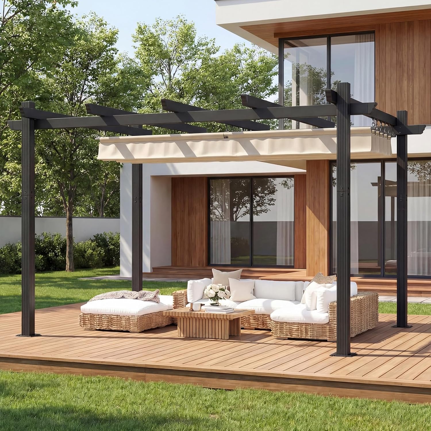 Pergola Pavillon 3x4m wasserdicht stabil Winterfest, Gartenpavillon Aluminium mit Schiebedach, Sonnenschutz für Garten Terrasse & Balkon, Beige