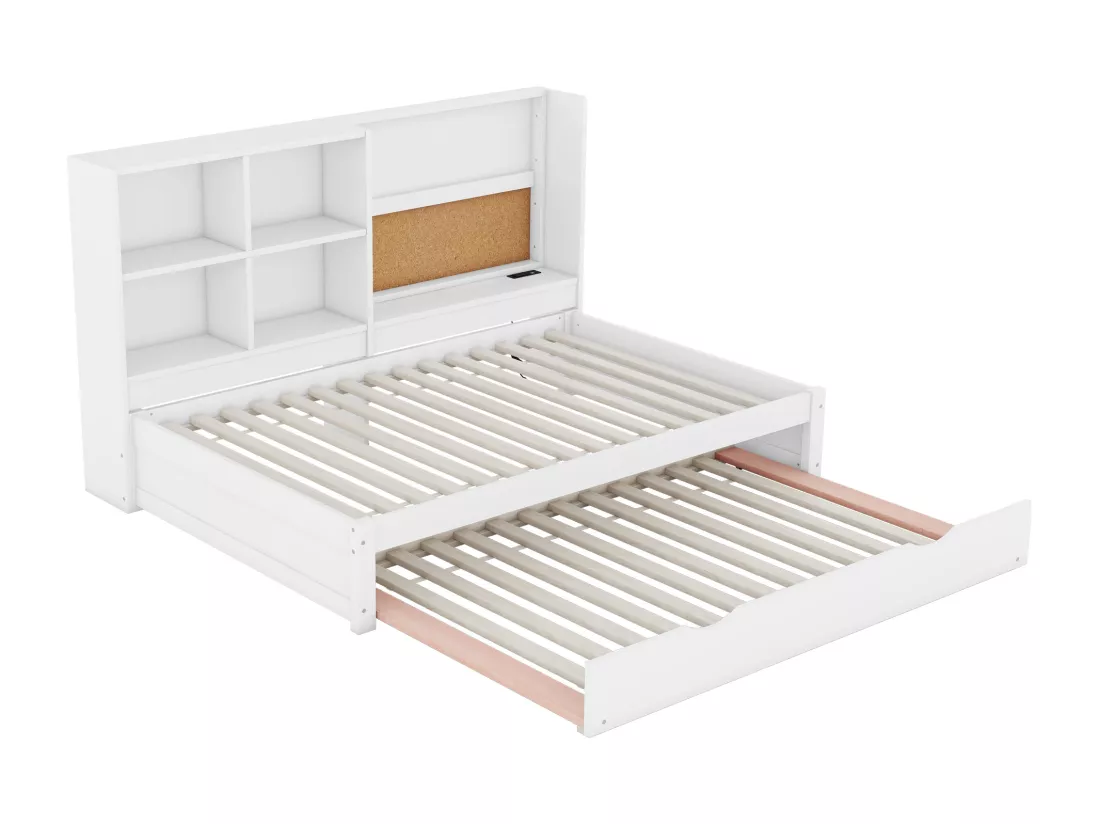 Lit gigogne 90x200cm+90x190cm, Canapé-lit avec tête de lit de rangement, et port de chargement USB, blanc