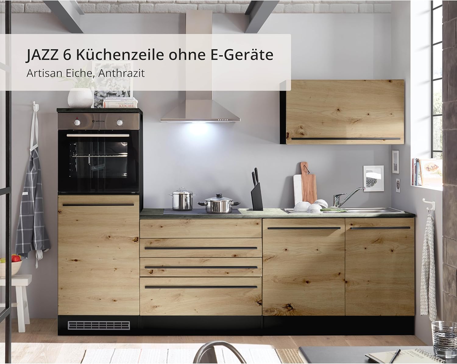 JAZZ 6 Moderne Küchenzeile ohne Elektrogeräte in Anthrazit, Artisan Eiche Optik - Geräumige Einbauküche mit viel Stauraum - 260 x 200 x 60 cm (B/H/T)