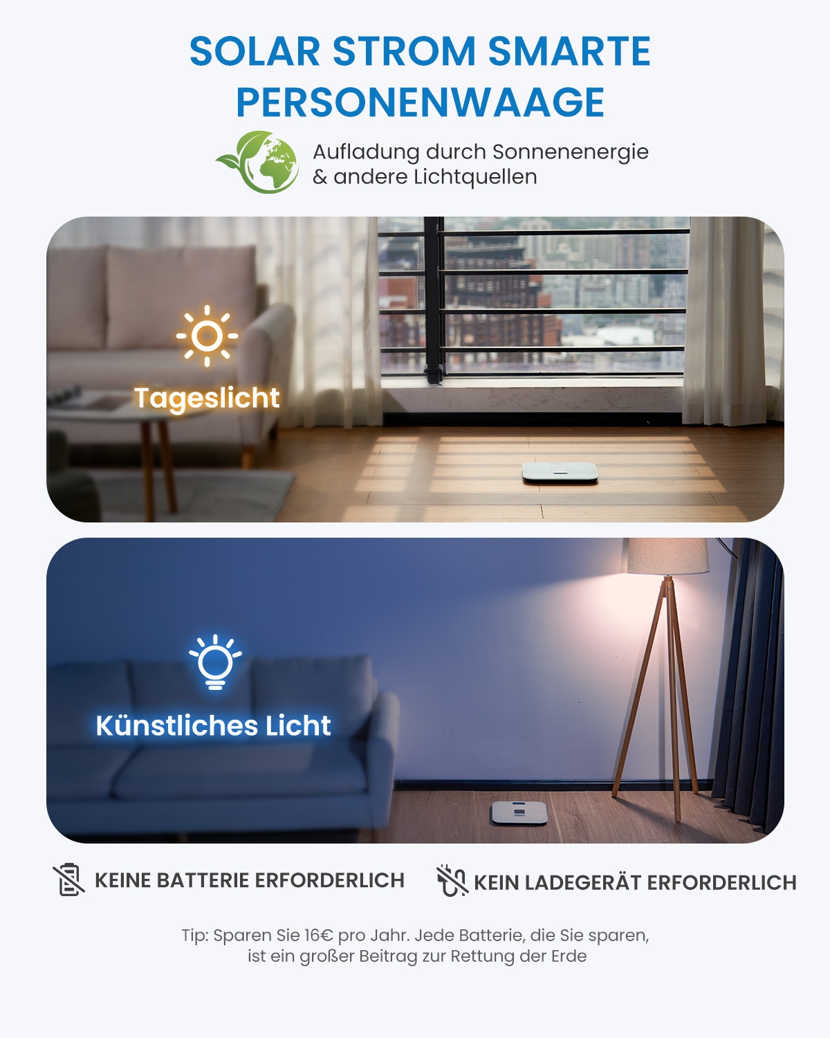 Renpho Körper-Analyse-Waage »Elis Solar 2 Smart Body Scale A020« Smarte Solar-Körperanalysewaage mit 13 Körpermessungen