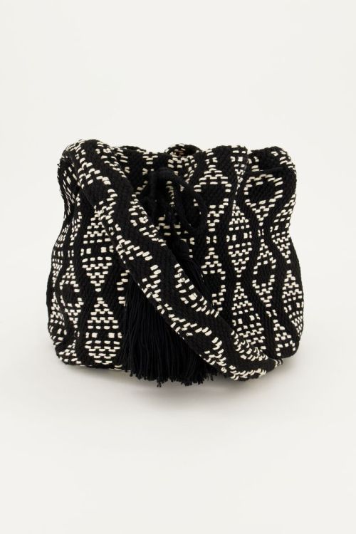 Zwart-witte ronde schoudertas met geweven Aztec print