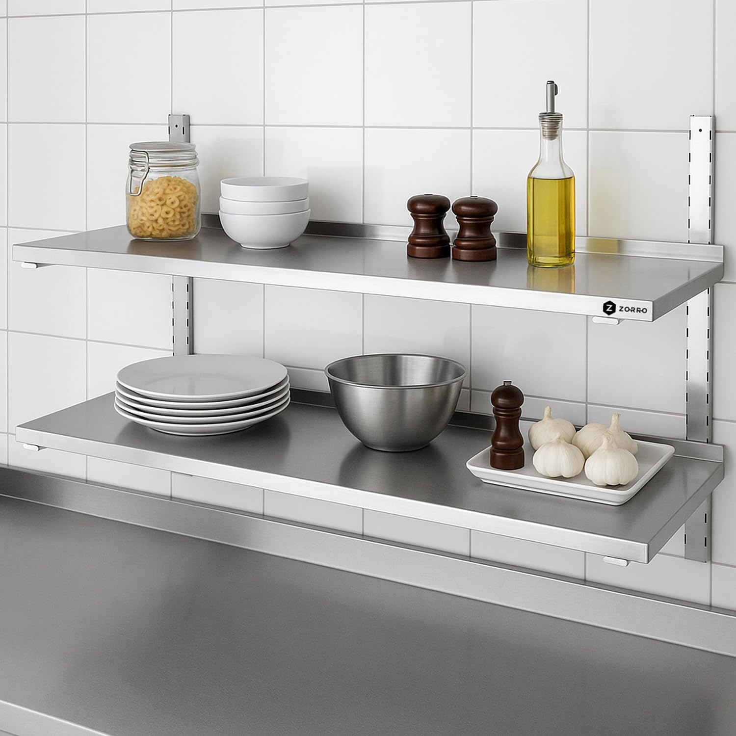 ZORRO Wandbord ZWB 140/40 | Edelstahl Wandregal | 1400x400x350 mm | 2 Böden | Gastro Wandmontage