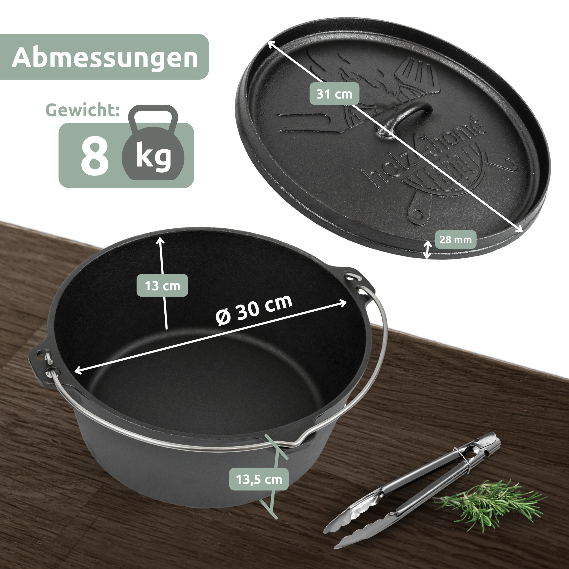 holz4home® Dutch Oven ohne Füße I eingebrannter Feuertopf aus Gusseisen I inkl. Deckelheber, Topfständer und Reinigungsbürste | 9 Liter