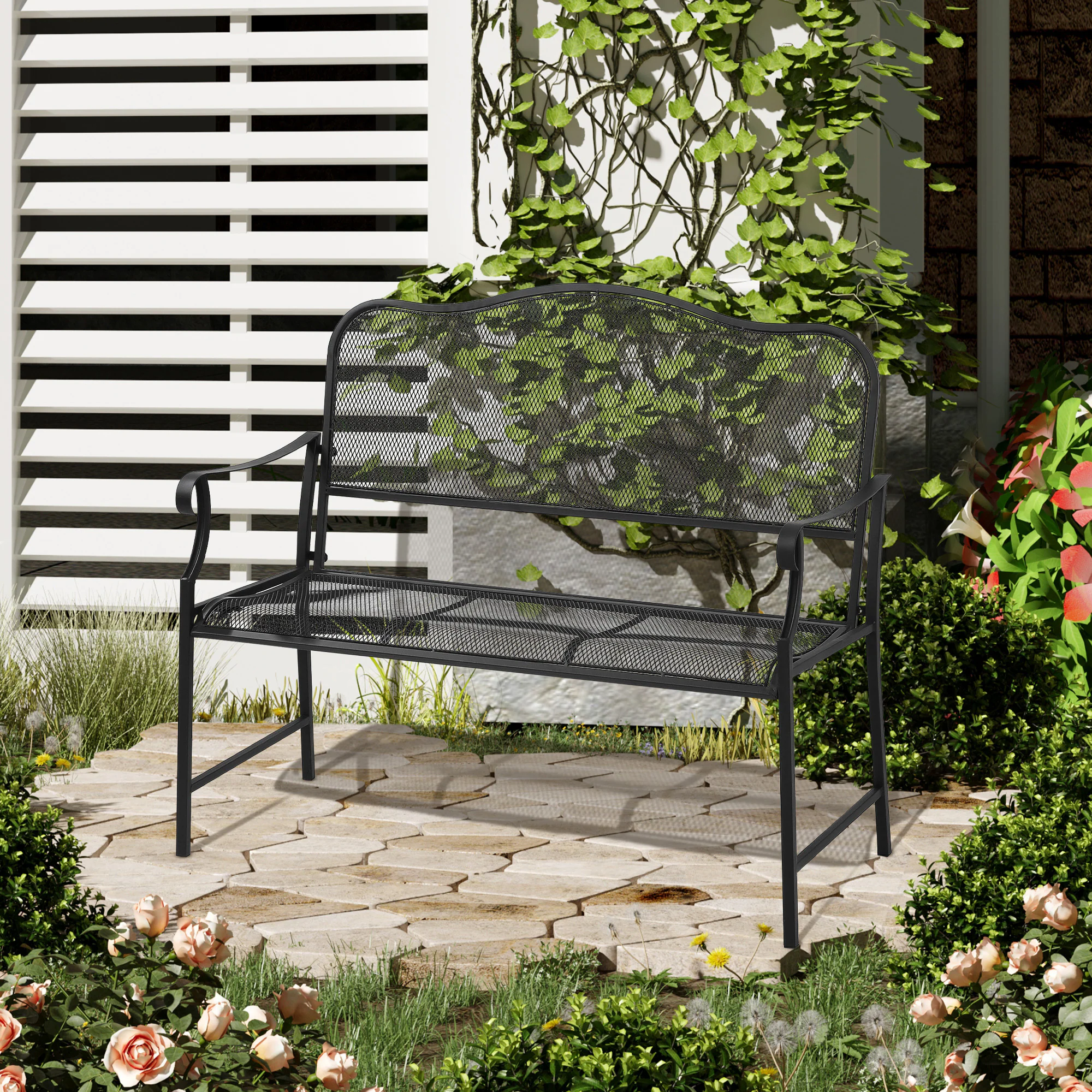 Outsunny Gartenbank mit Rückenlehne schwarz 113L x 58B x 98H cm