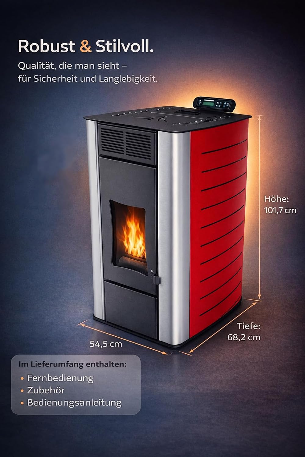 NEMAXX® P18 Wasserführender Hydro-Pelletofen 18 kW bis 300 m³ – BAFA/förderfähig–Zentralheizung – A+ 40 kg Tank – Wasser 12,5 kW – bis 18 Std. Laufzeit – ECO, Automatik, Wochentimer, Wi-Fi Ready – Rot