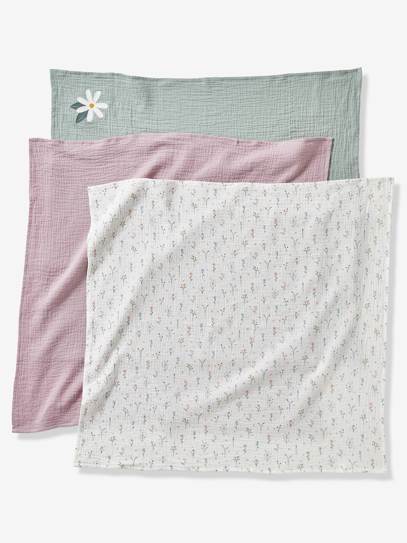 Lote de 3 panos de gaze de algodão lisos, cor violeta médio, da marca Sweet Provence, com estampas.