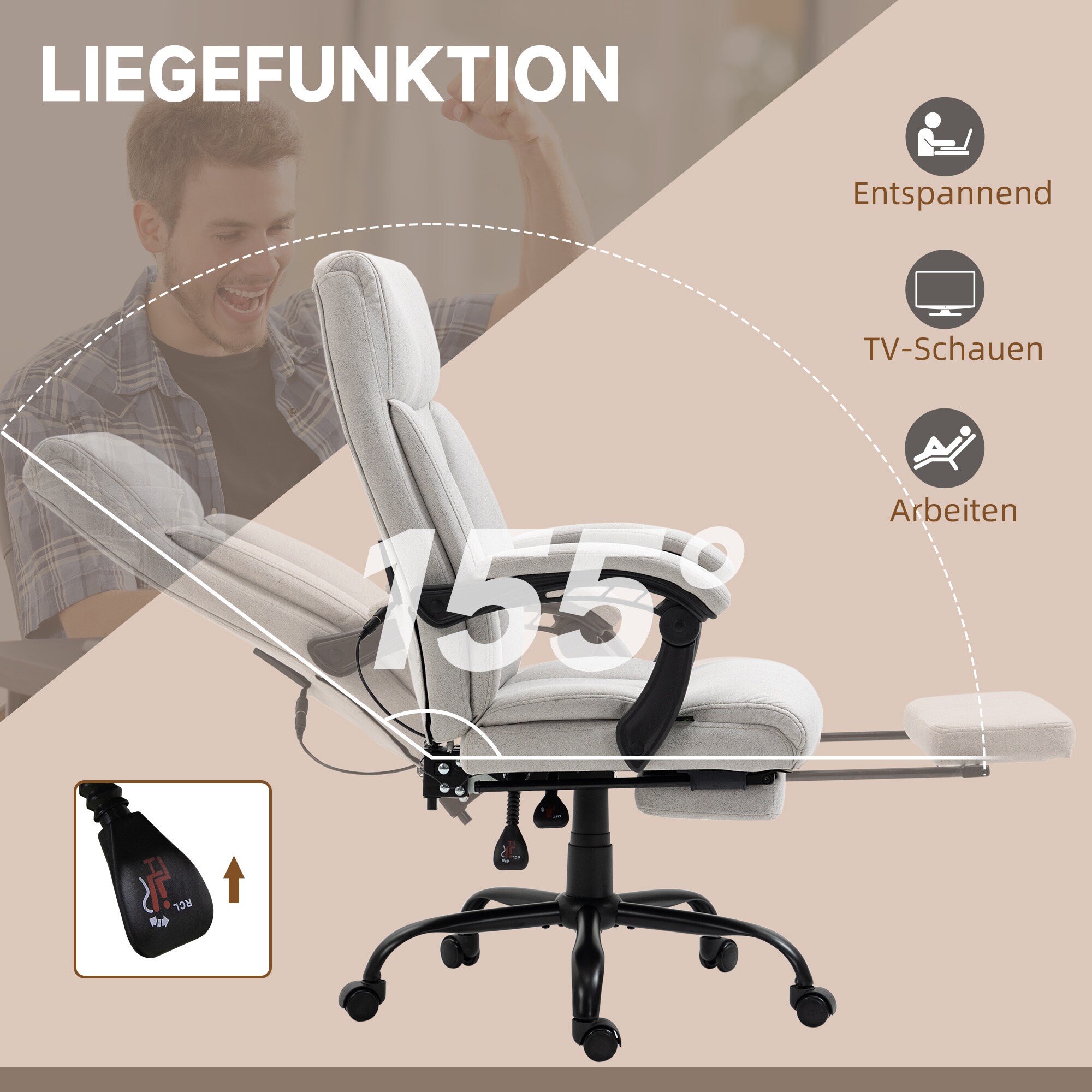 Vinsetto Massage-Bürostuhl mit Fußstütze und Wippfunktion grau 65L x 74B x 111-119H cm