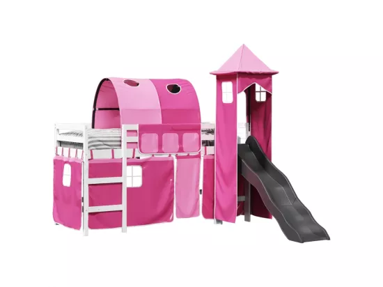 Lit mezzanine enfants avec tour rose 90x200 cm bois pin massif