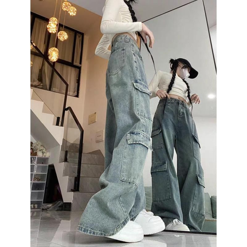 Porstina - Mid Waist Washed Wide Leg Cargo Jeans