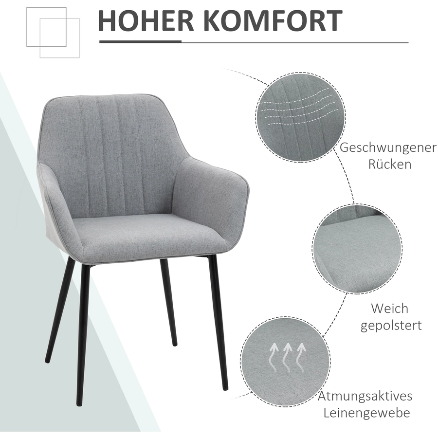 HOMCOM Stuhl 2-teilige Esszimmerstühle, mit atmungsaktivem Leinenbezug hellgrau