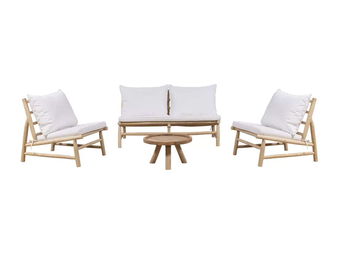 Salon de jardin en teck : un canapé 2 places, 2 fauteuils et une table basse ronde - Naturel clair et blanc - TULUM de MYLIA