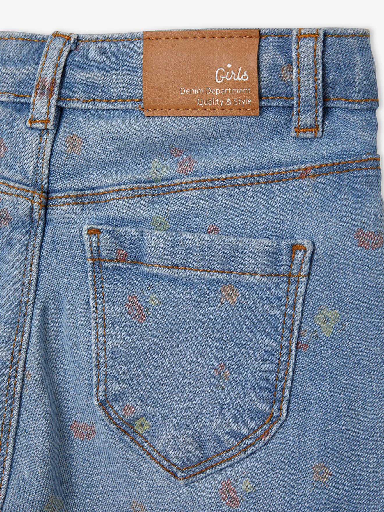 Calça jeans reta com detalhes desgastados, para menina, lavagem azul média