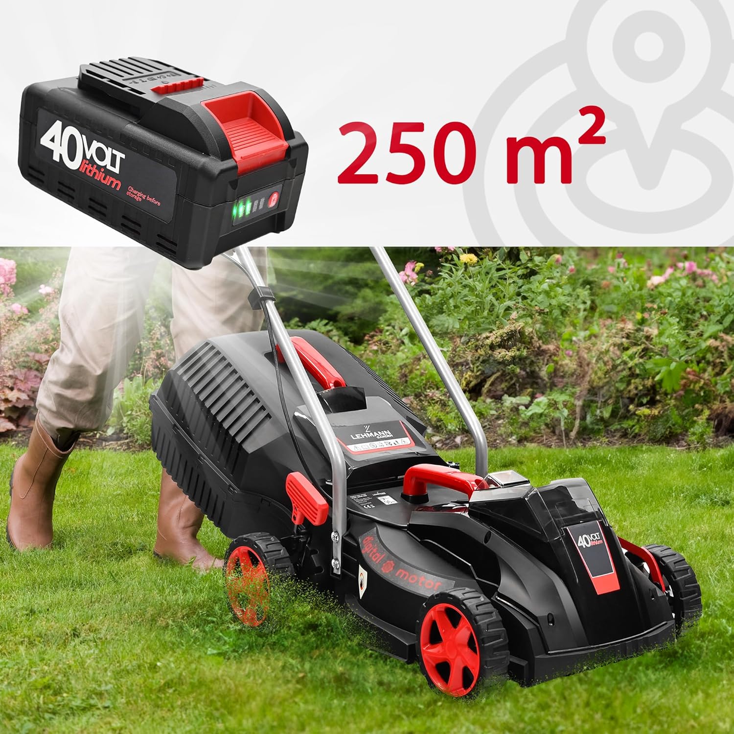 LEHMANN LGALM-4032 Akku Rasenmäher, 40V, bis 250 m², 32 cm Schnittbreite, 30 Liter Grasfangkorb, 20-60 mm Schnitthöhe, Bürstenloser Motor, inkl. 4,0 Ah Akku + Ladegerät