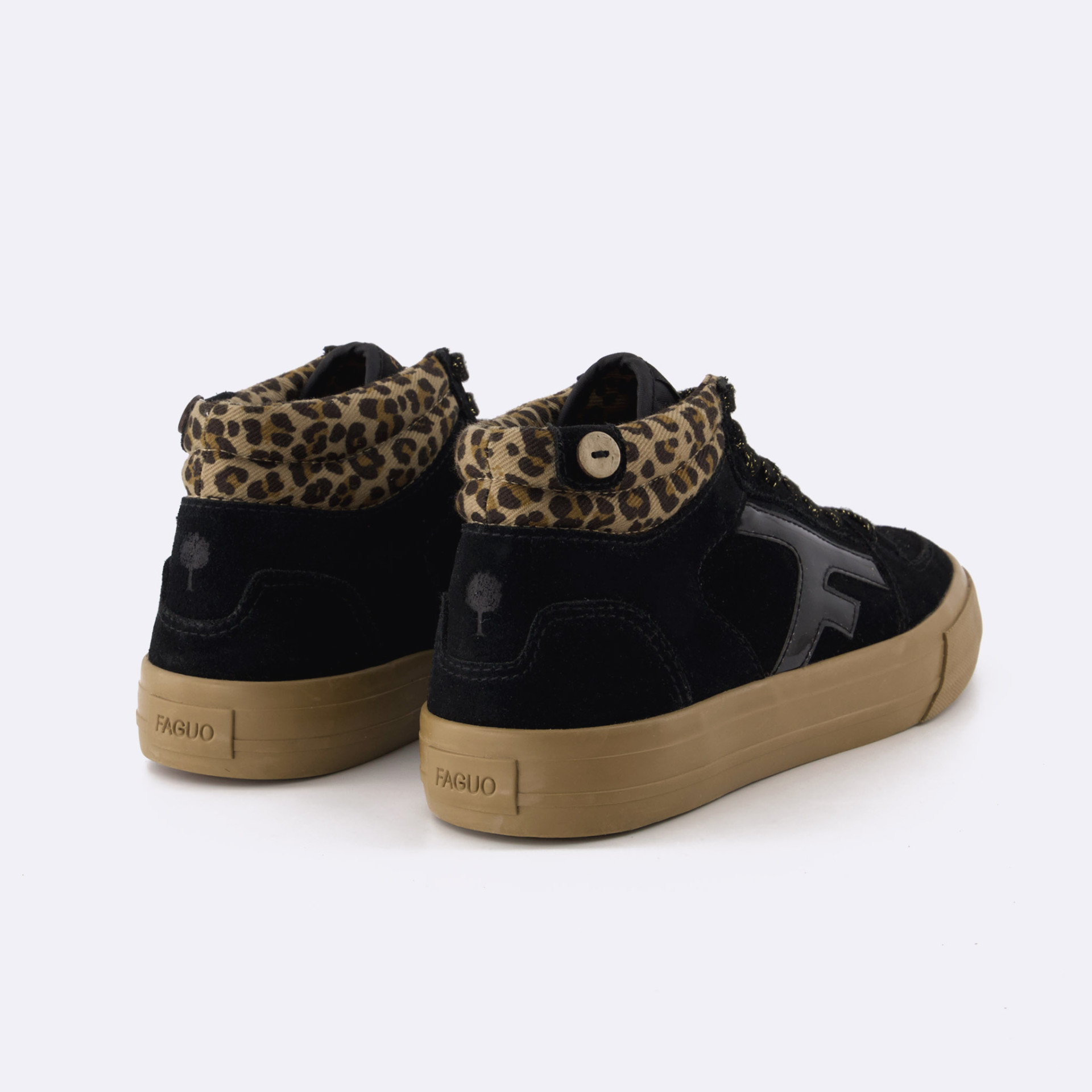 Tennis noire & léopard suède et coton recyclé - modèle Walnut mid