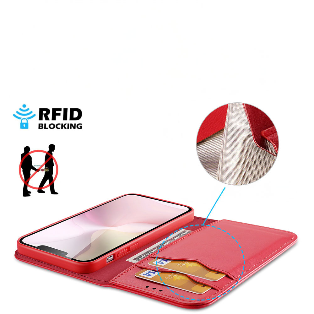 iPhone 16e Flip Wallet Cover Echtleder Tasche (RFID Schutz) - Rot