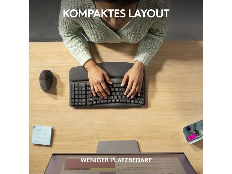 Logitech Tastatur Wave Keys for Business Ergonomische Tastatur mit geschwungenem Design und gepolsterter Handballenauflage für Komfort den ganzen Tag