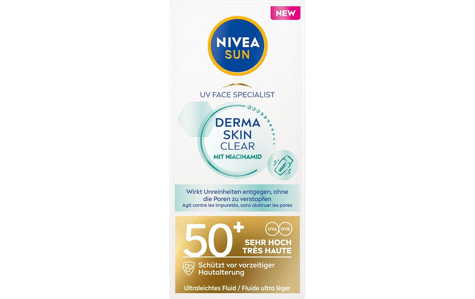 Gesichtsfluid UV Face Derma Skin Clear SPF 50+ 100 mlSonnenschutz-Fluid schützt die Haut vor UVA- und UVB-Strahlen und vor den Auswirkungen von blauem Licht