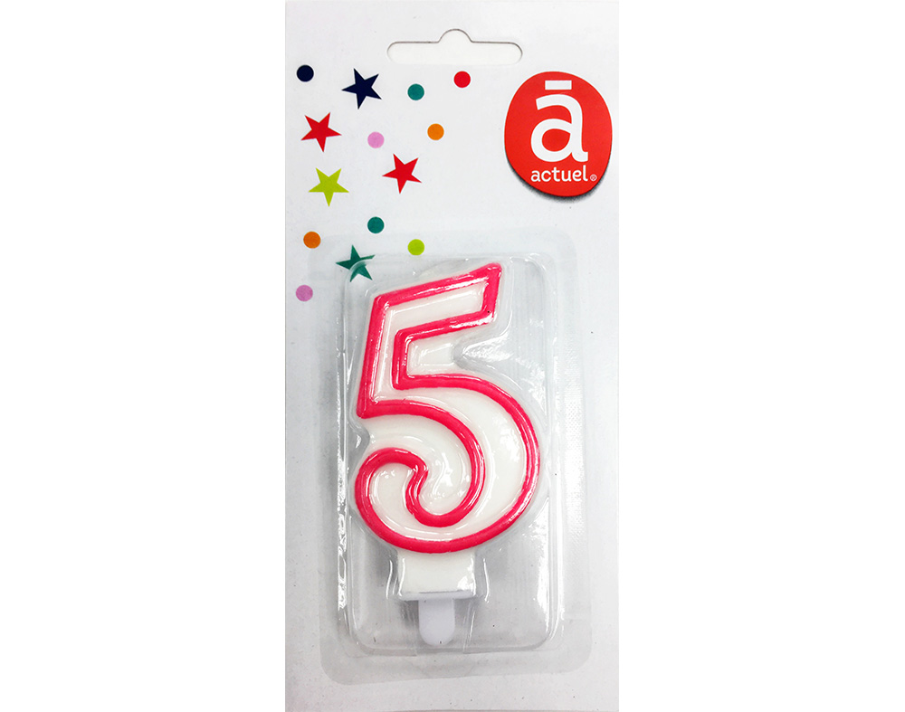 VELA DE ANIVERSÁRIO NÚMERO 5 ACTUEL BRANCO COM REBORDO COLORIDO