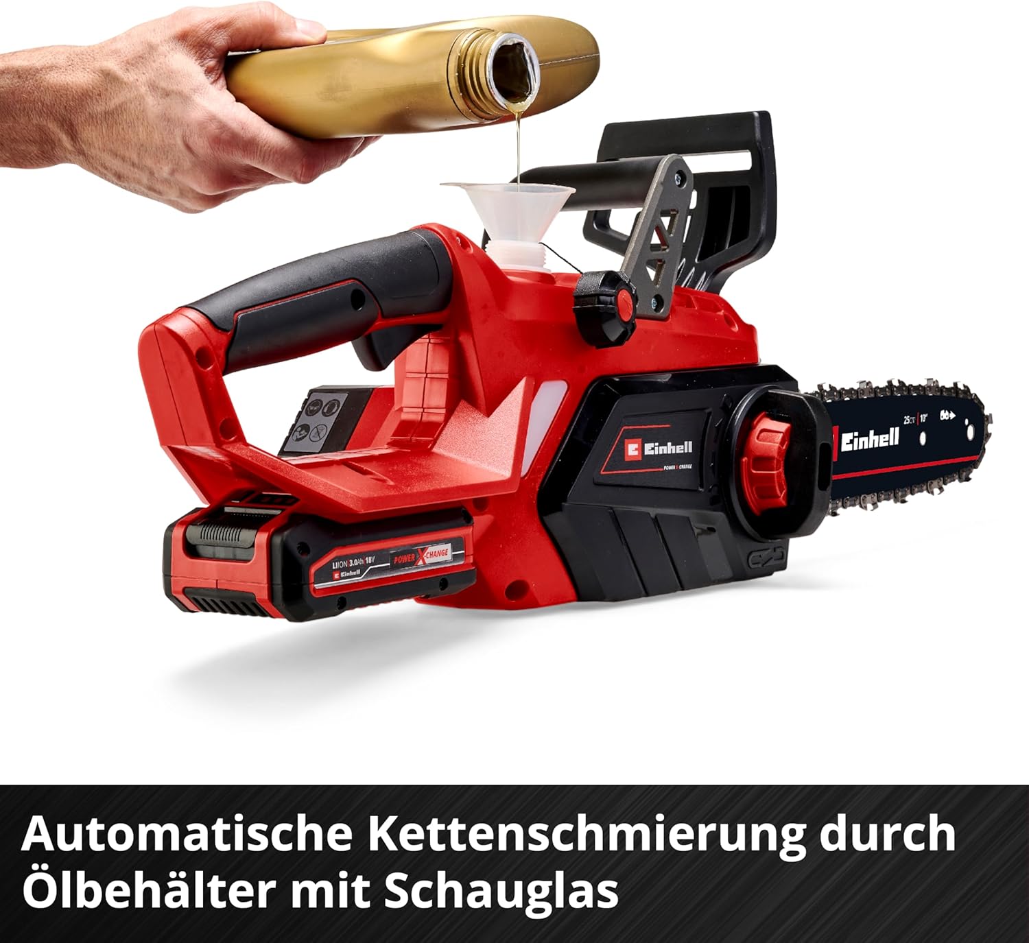 Einhell Akku-Kettensäge GE-LC 18/25-1 Li Kit Power X-Change (18 V, 23 cm Schnittlänge, 4,5 m/s Kettengeschwindigkeit, autom. Kettenschmierung, inkl. 1x 3,0 Ah Akku + Ladegerät)