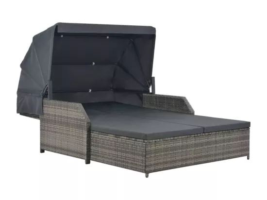 Chaise longue à 2 places avec auvent Résine tressée Gris